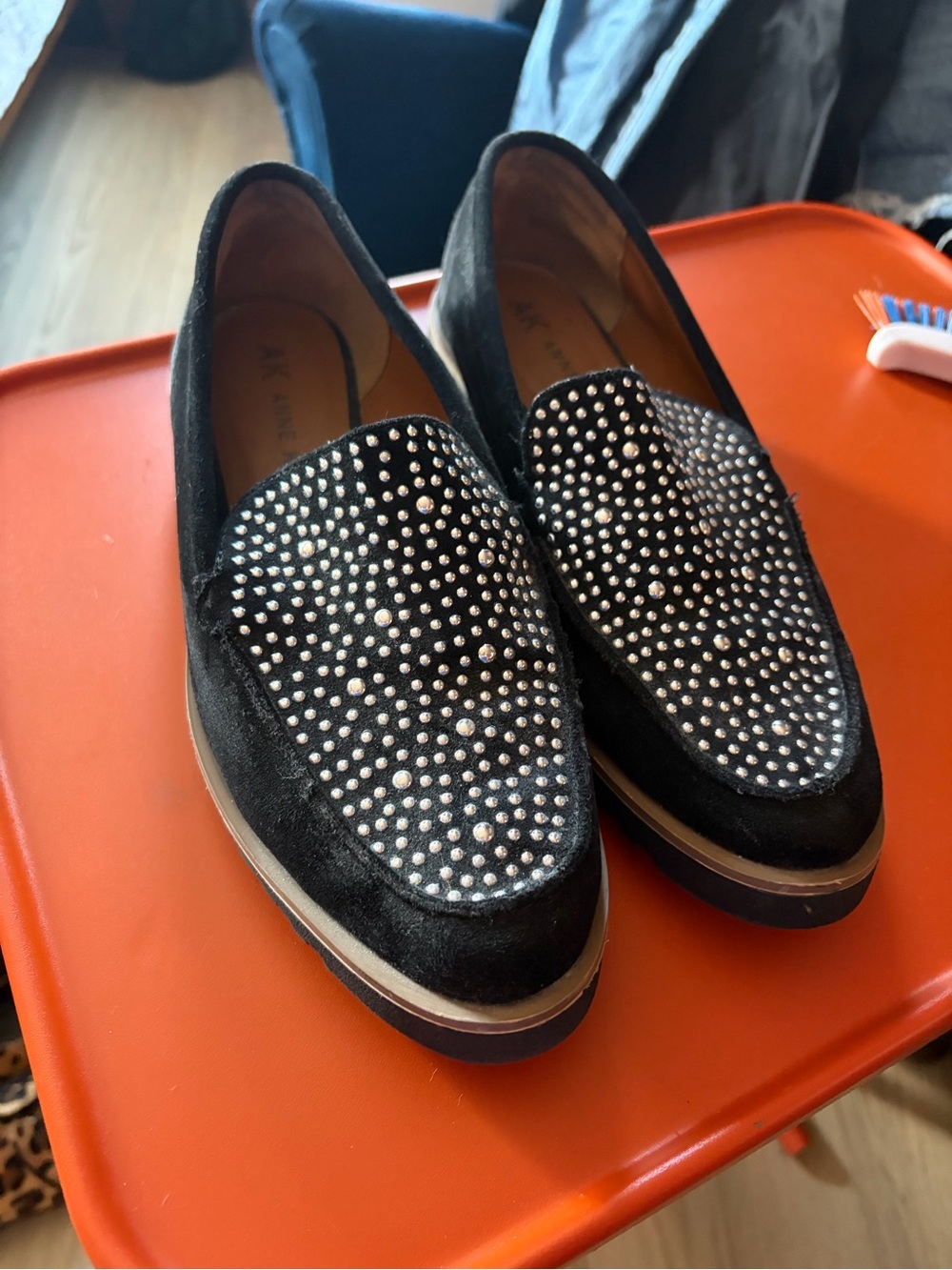 Anne Klein Black Studded Platform Slip-On Loafers